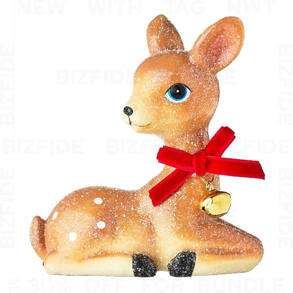 Deer With Red Bow & Bell Christmas Tabletop Decoration, Glittery Finish - Picture 3 of 5